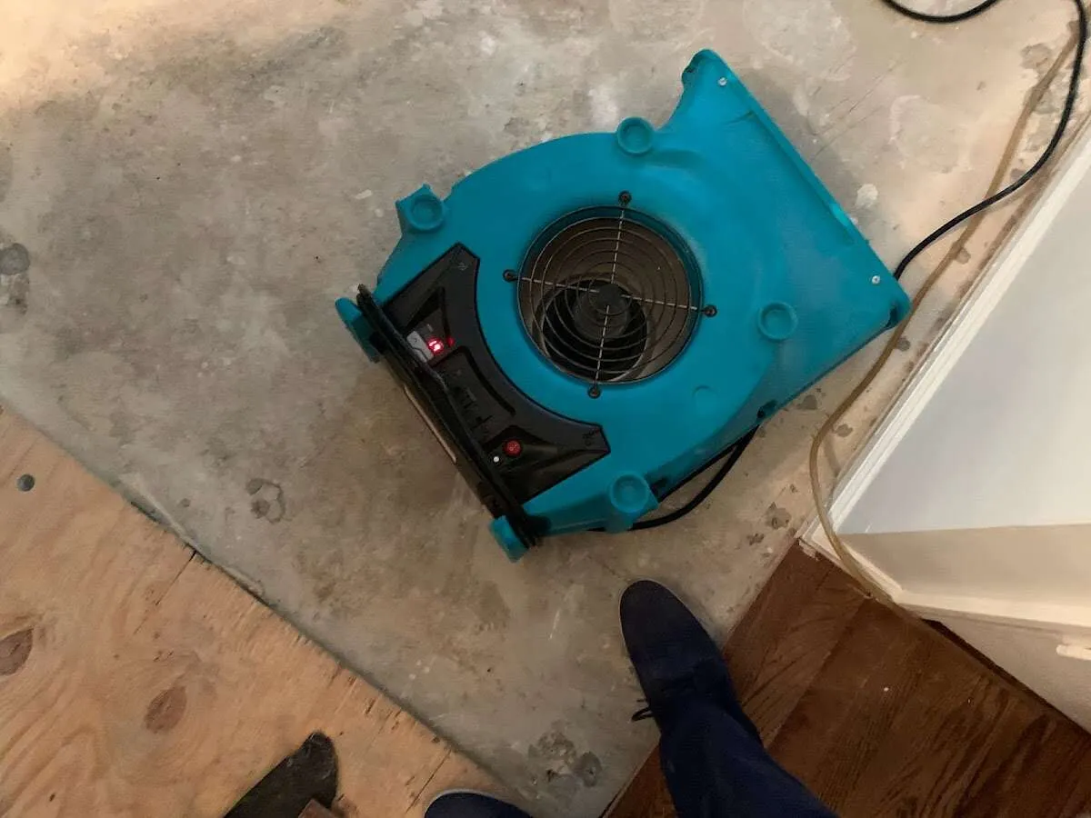 Air mover drying subfloor during Leak Detection & Repair in Cameron